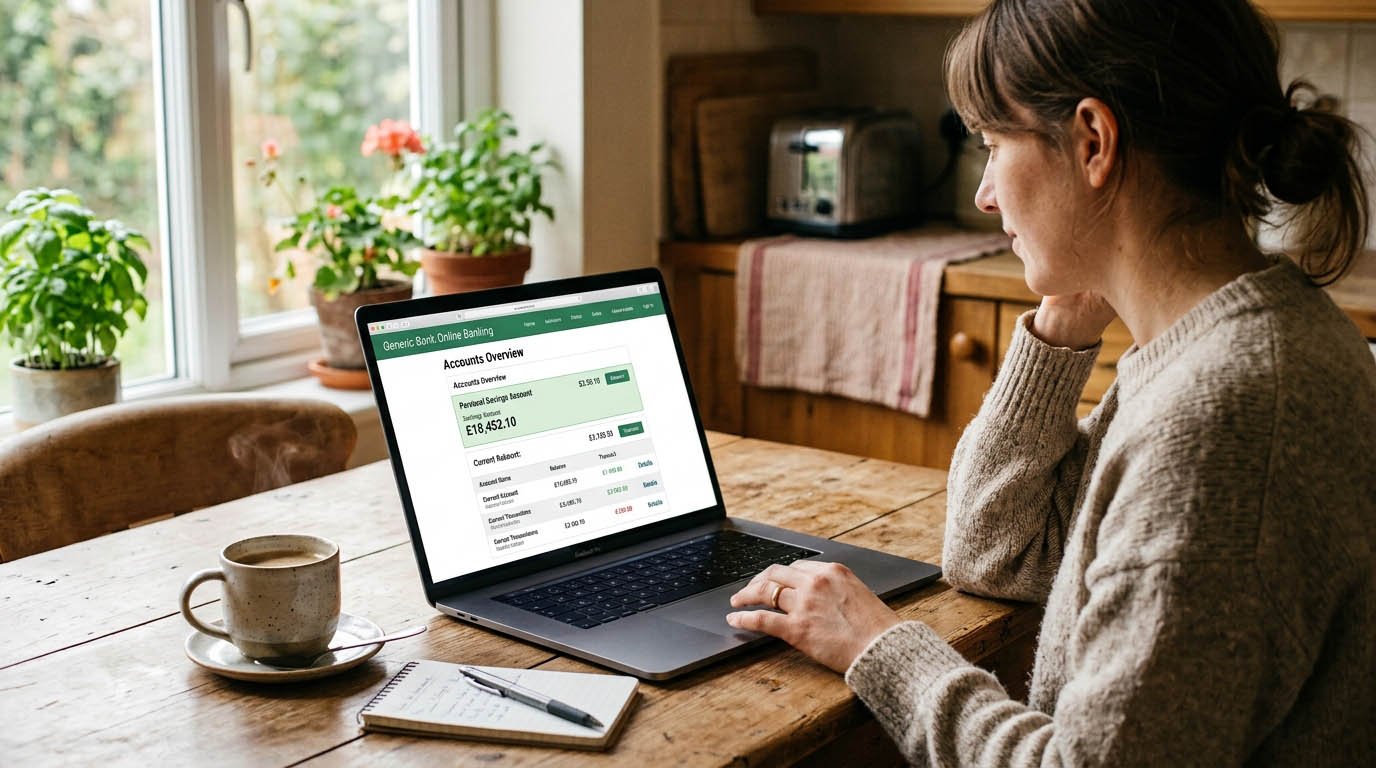 A realistic photo of a laptop screen showing an online high-yield savings account balance on a kitchen table