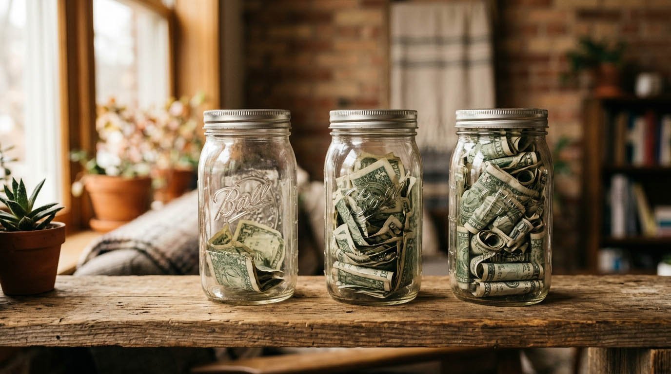 A realistic photo of three glass jars filled with cash in ascending amounts, representing tiered emergency savings