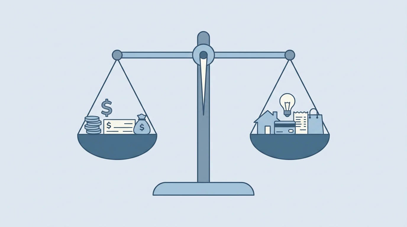 A balance scale showing income equal to expenses and savings, illustrating zero-based budgeting